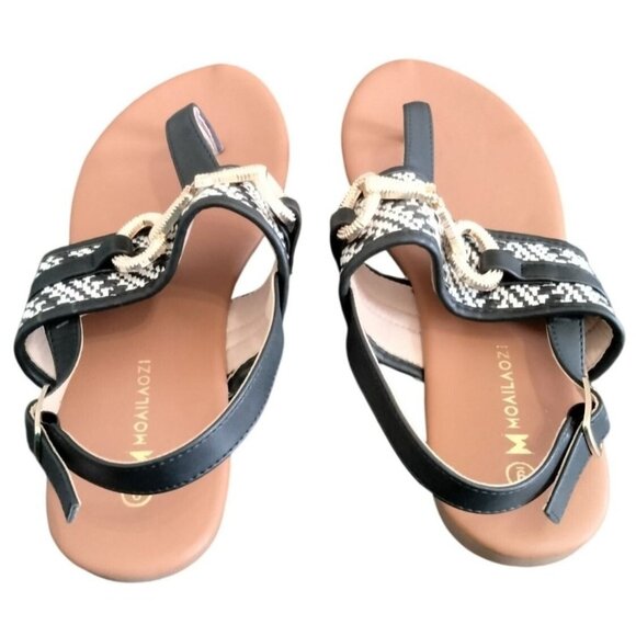 Moailaozi Size 9 Sandals Flat Open-Toe Black White Ankle Strap Memory Foam - Picture 4 of 7